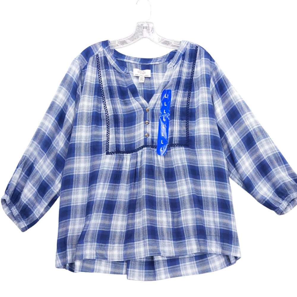 Wrangler Plaid Blouse Top Womens L Large‎ Blue White 3/4 Sleeve Shirt